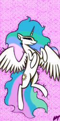 Size: 600x1200 | Tagged: safe, artist:xxmarkingxx, princess celestia, g4, female, imminent snuggles, looking at you, missing accessory, on back, solo, spread wings