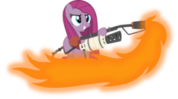 Size: 3374x1896 | Tagged: safe, artist:zacatron94, pinkie pie, earth pony, pony, g4, female, fire, flamethrower, pinkamena diane pie, simple background, solo, some mares just want to watch the world burn, team fortress 2, transparent background, vector, weapon