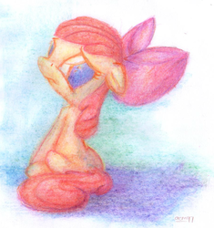 Size: 918x977 | Tagged: safe, artist:aemuhn, apple bloom, g4, colored pencil drawing, female, sad, sitting, solo, traditional art
