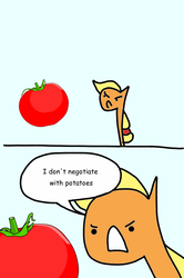 Size: 600x904 | Tagged: safe, artist:wollap, applejack, g4, :c, angry, comic, negotiating, potato, tomato