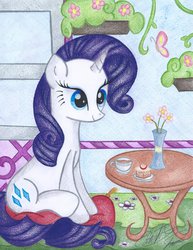 Size: 2512x3248 | Tagged: safe, artist:jackie00liza, rarity, g4, cushion, cute, female, flower, high res, sitting, solo, table, tea, traditional art