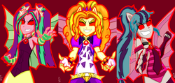 Size: 3072x1463 | Tagged: safe, artist:pixsoda, adagio dazzle, aria blaze, sonata dusk, equestria girls, g4, my little pony equestria girls: rainbow rocks, clothes, eared humanization, evil smile, fangs, fin wings, fingerless gloves, gloves, grin, ponied up, red eyes, sleeveless, the dazzlings, translation, winged humanization
