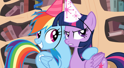 Size: 1280x713 | Tagged: safe, screencap, rainbow dash, twilight sparkle, alicorn, pony, g4, female, hat, mare, party hat, twilight sparkle (alicorn), twilight sparkle is not amused, unamused