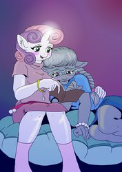 Size: 752x1063 | Tagged: safe, artist:jeremy3, silver spoon, sweetie belle, earth pony, unicorn, anthro, g4, blushing, book, bracelet, braid, clothes, cute, glasses, glowing horn, horn, ship:silverbelle, shipping, skirt, socks
