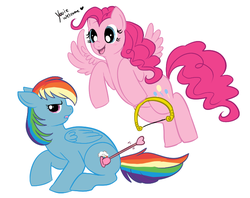 Size: 700x555 | Tagged: safe, artist:lulubell, pinkie pie, rainbow dash, pegasus, pony, g4, arrow, bow (weapon), cupid, heart arrow, pegasus pinkie pie, race swap, simple background, suction cup, white background