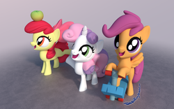 Size: 2000x1250 | Tagged: safe, artist:deathpwny, apple bloom, scootaloo, sweetie belle, g4, 3d, apple, cute, cutie mark crusaders, scooter