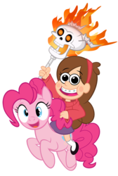Size: 800x1193 | Tagged: safe, artist:pixelkitties, pinkie pie, human, g4, crossover, fire, gravity falls, humans riding ponies, mabel pines, male, riding, simple background, skull, transparent background