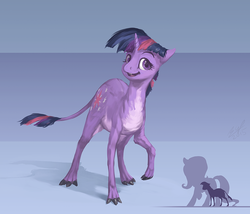 Size: 875x750 | Tagged: safe, artist:assasinmonkey, fluttershy, twilight sparkle, eohippus, pegasus, pony, unicorn, g4, abstract background, cavemare, cute, female, looking at you, mare, open mouth, prehistoric, raised hoof, silhouette, size comparison, smiling, solo, species swap