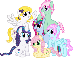 Size: 2749x2181 | Tagged: safe, artist:asdflove, glory, minty, moonstone, posey, surprise, wind whistler, earth pony, pegasus, pony, unicorn, g1, g3, g4, alternate mane six, alternate universe, female, g1 to g4, g3 to g4, generation leap, high res, mane six opening poses, mare, simple background, transparent background, vector