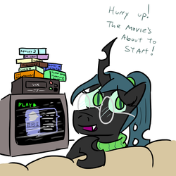 Size: 800x800 | Tagged: safe, artist:jargon scott, queen chrysalis, changeling, changeling queen, nymph, g4, adorkable, couch, cute, cutealis, dork, dorkalis, fbi, female, hyperspace hyperwars, simple background, solo, television, vcr, vhs, white background
