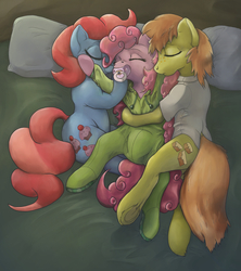 Size: 1222x1378 | Tagged: safe, artist:asdfasfasda, carrot cake, cup cake, pinkie pie, earth pony, pony, g4, adult foal, bed, clothes, cute, diaper, diaper fetish, diapinkes, dock, female, footed sleeper, kigurumi, male, mare, non-baby in diaper, pacifier, sleeping, stallion
