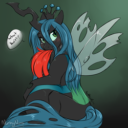 Size: 900x900 | Tagged: safe, artist:nummynumz, queen chrysalis, oc, changeling, changeling queen, g4, avorable, belly, blatant lies, blushing, chrysalispred, cute, cute vore, cutealis, female, fetish, looking at you, looking back, tail, tail sticking out, vore