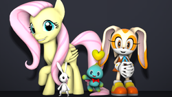 Size: 4140x2328 | Tagged: safe, angel bunny, fluttershy, chao, g4, 3d, cheese, cream the rabbit, crossover, high res, smiling, sonic the hedgehog (series), source filmmaker