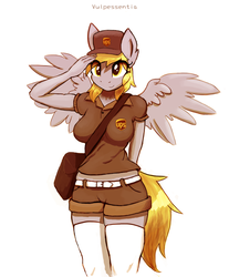 Size: 800x968 | Tagged: dead source, safe, artist:vulpessentia, derpy hooves, anthro, g4, adventure in the comments, breasts, busty derpy hooves, clothes, cute, derpabetes, female, salute, simple background, socks, solo, uniform, united parcel service, ups