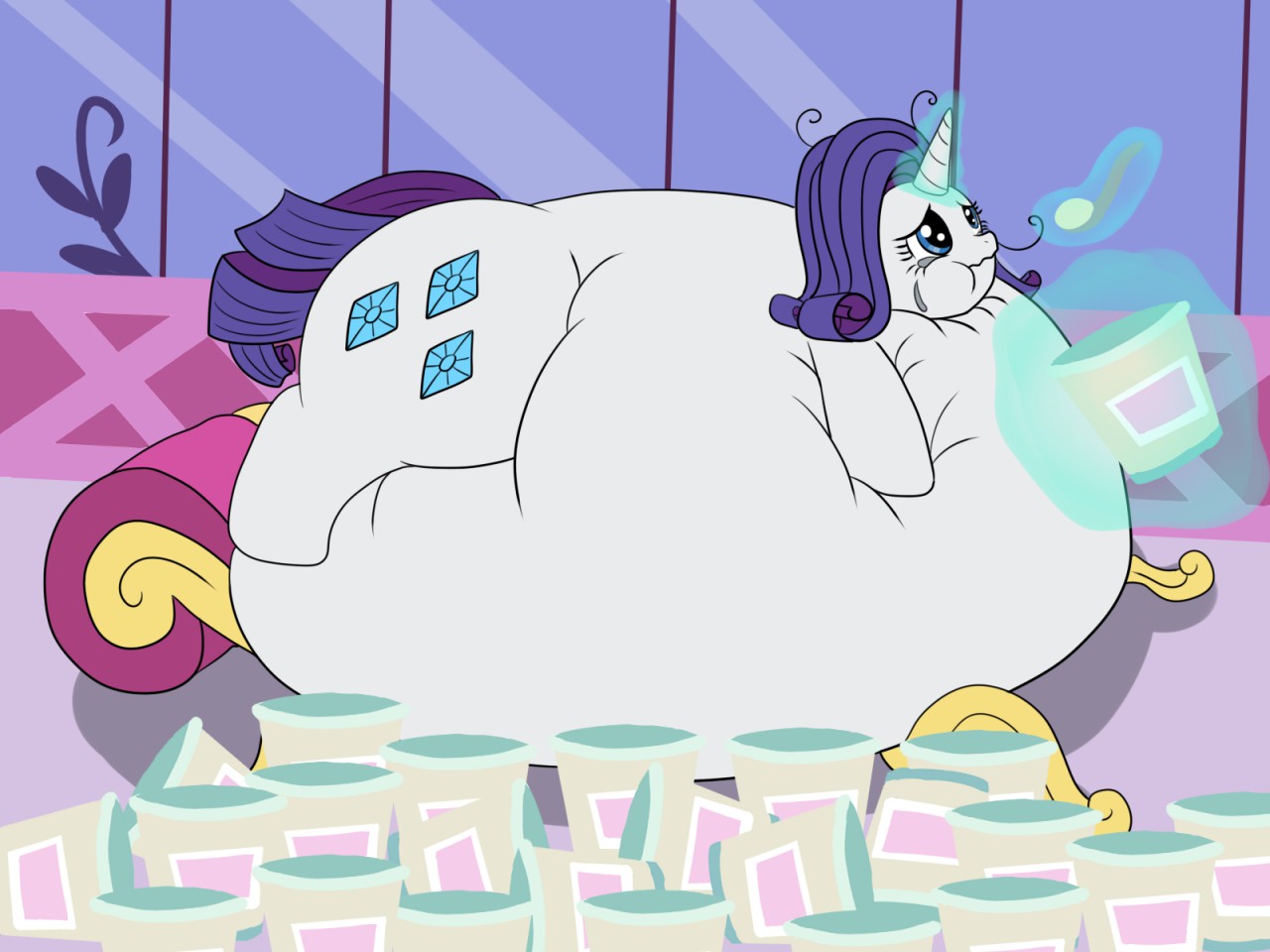 802467 - questionable, artist:40450, rarity, g4, belly, belly bed, comfort  eating, crying, eating, fat, female, ice cream, immobile, impossibly large  belly, inflation, magic, makeup, marshmelodrama, morbidly obese, obese,  raritubby, running makeup ...