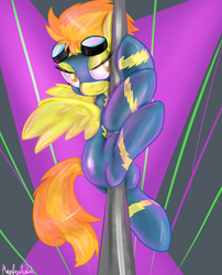 Size: 1699x2100 | Tagged: safe, artist:manfartwish, spitfire, pegasus, pony, g4, bedroom eyes, butt, female, mare, plot, pole dancing, solo, stupid sexy spitfire, wonderbolts uniform