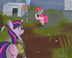 Size: 1280x1024 | Tagged: safe, artist:solarisii, pinkie pie, twilight sparkle, pony, g4, balloon, blowout soon fellow stalker, crossover, duo, gas mask, mask, s.t.a.l.k.e.r.