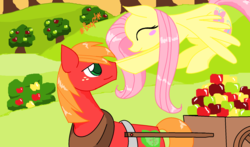 Size: 1824x1072 | Tagged: safe, artist:cynicalsuccubus, artist:pikachu891000, big macintosh, fluttershy, earth pony, pony, g4, boop, female, male, orchard, ship:fluttermac, shipping, stallion, straight