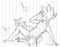 Size: 1109x863 | Tagged: safe, artist:ponescribbles, spike, dragon, g4, draw me like one of your french girls, falling, lined paper, monochrome, older, older spike, teenaged dragon, traditional art
