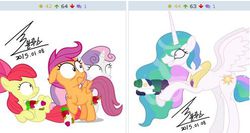 Size: 497x264 | Tagged: safe, apple bloom, princess celestia, scootaloo, sweetie belle, derpibooru, g4, cutie mark crusaders, exploitable meme, juxtaposition, juxtaposition win, meme, meta