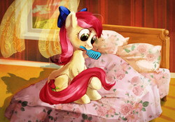 Size: 1100x772 | Tagged: safe, artist:lis-alis, roseluck, earth pony, pony, g4, bed, bedroom, bow, comb, commissioner:doom9454, cute, female, fluffy, grooming, hair bow, indoors, interior, looking at something, mare, mouth hold, rosabetes, sitting, solo