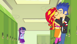 Size: 1740x1010 | Tagged: safe, artist:dm29, flash sentry, sunset shimmer, twilight sparkle, human, equestria girls, g4, betrayal, canterlot high, female, humanized, lockers, love triangle, making out, male, pencil, ship:flashimmer, shipping, straight, teary eyes, trio, twilight sparkle (alicorn)