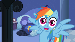 Size: 1280x721 | Tagged: safe, artist:i-shooped-a-pwny, rainbow dash, pegasus, g4, bed, clean, female, looking at you, meme, overly attached girlfriend, overly attached pegasus, rainbow dash's bedroom, solo, special eyes