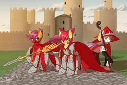 Size: 3000x2000 | Tagged: safe, artist:silverfox057, apple bloom, scootaloo, sweetie belle, earth pony, pegasus, pony, unicorn, g4, armor, cape, castle, clothes, crusader, cutie mark crusaders, ear fluff, fantasy class, female, fluffy, glare, hat, high res, knight, lidded eyes, looking at you, mare, older, paladin, raised hoof, scarf, smiling, smirk, spear, staff, sword, torn clothes, underhoof, warrior, wing hands