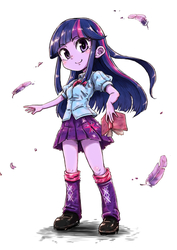 Size: 1518x2150 | Tagged: safe, artist:nazonazopowerfu, twilight sparkle, equestria girls, g4, blushing, book, boots, bowtie, clothes, feather, female, leg warmers, looking at you, pixiv, shirt, shoes, simple background, skirt, smiling, solo, white background