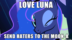 Size: 610x343 | Tagged: source needed, safe, princess luna, g4, female, haters, image macro, imgur, impact font, mare, meme, moon, solo, to the moon, wink