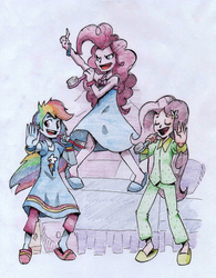 Size: 2005x2572 | Tagged: safe, artist:ilacavgbmjc, fluttershy, pinkie pie, rainbow dash, equestria girls, g4, clothes, high res, humanized, pajamas, singing, slippers, traditional art