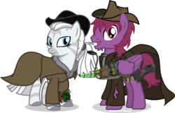 Size: 4881x3156 | Tagged: safe, artist:vector-brony, oc, oc only, oc:crystal eclair, oc:tooty fruity, pegasus, pony, zebra, fallout equestria, fallout equestria: influx, battle saddle, clothes, coat, cowboy hat, dashite, energy weapon, fanfic, fanfic art, female, gun, hat, hooves, magical energy weapon, male, mare, open mouth, pipbuck, plasma rifle, ponytail, simple background, smiling, stallion, stetson, tootyeclair, transparent background, vector, weapon, western, wings