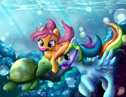 Size: 3850x2975 | Tagged: safe, artist:ponyswirl, rainbow dash, scootaloo, tank, tortoise, g4, bubble, eyes closed, high res, smiling, snorkel, snorkeling, swimming, underwater