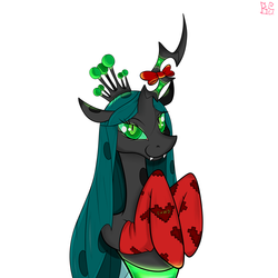 Size: 2048x2048 | Tagged: dead source, safe, artist:briarspark, queen chrysalis, changeling, changeling queen, g4, bedroom eyes, bow, clothes, fangs, female, high res, looking at you, smiling, socks, solo