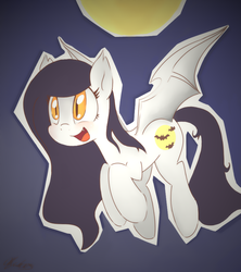 Size: 800x900 | Tagged: safe, artist:ollywiicious, oc, oc only, oc:midnight lily, bat pony, pony, bat pony oc, bat wings, flying, happy, moon, open mouth, solo, spread wings, wide eyes, wings