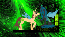 Size: 1024x594 | Tagged: safe, artist:serenitydragonwing, queen chrysalis, oc, oc:poisoned soul, g4, canon x oc, changelingified, chrysalislover, shipping