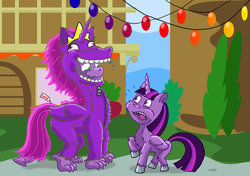 Size: 1024x719 | Tagged: safe, artist:dinodraketakethecake, spike, twilight sparkle, alicorn, pony, g4, clothes, costume, female, mare, twilight sparkle (alicorn), wat