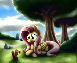 Size: 3657x2997 | Tagged: safe, artist:otakuap, fluttershy, pegasus, pony, squirrel, g4, acorn, high res, prone, redraw, smiling