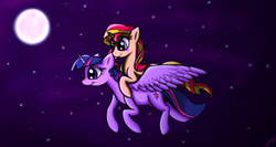 Size: 1366x728 | Tagged: safe, artist:xxmarkingxx, sunset shimmer, twilight sparkle, alicorn, pony, unicorn, g4, flying, moon, night, ponies riding ponies, riding, sunset shimmer riding twilight, twilight sparkle (alicorn)