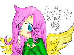 Size: 1024x768 | Tagged: safe, artist:tina-r, fluttershy, human, g4, clothes, female, humanized, solo, sweatershy, winged humanization