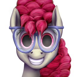 Size: 3000x3000 | Tagged: safe, artist:xormak, twist, earth pony, pony, g4, creepy, creepy ponies, empty eyes, female, glasses, grin, high res, nightmare fuel, no catchlights, overly attached girlfriend, painted, realistic, solo, waifu material, who needs sleep anyway