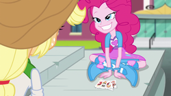 Size: 1904x1064 | Tagged: safe, screencap, applejack, pinkie pie, equestria girls, g4, rainbow rocks, ace of spades, boots, card, door, doors, grin, gritted teeth, high heel boots, joker, playing card, sitting, smiling, smug, stairs