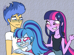 Size: 1002x750 | Tagged: safe, artist:purfectprincessgirl, flash sentry, sonata dusk, twilight sparkle, equestria girls, g4, crying, implied aria blaze, implied arisona, implied lesbian, story in the comments, story included, trio, twilight sparkle (alicorn)