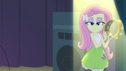 Size: 1904x1064 | Tagged: safe, screencap, fluttershy, equestria girls, g4, my little pony equestria girls: rainbow rocks, clothes, female, fluttershy is not amused, fluttershy's skirt, looking at you, skirt, solo, unamused