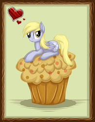 Size: 2826x3618 | Tagged: safe, artist:9de-light6, derpy hooves, pegasus, pony, g4, female, giant muffin, heart, high res, i can't believe it's not mysticalpha, mare, muffin, prone, solo, style emulation, that pony sure does love muffins