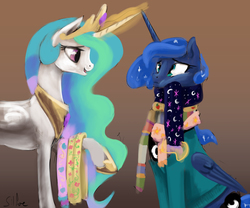 Size: 3000x2500 | Tagged: safe, artist:silfoe, princess celestia, princess luna, alicorn, pony, royal sketchbook, g4, clothes, cross-eyed, duo, female, frown, high res, looking at each other, magic, mare, open mouth, puffy cheeks, raised hoof, scarf, sisters, sitting, smiling, squishy cheeks, sweater, telekinesis