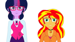 Size: 1366x768 | Tagged: safe, sci-twi, sunset shimmer, twilight sparkle, equestria girls, g4, breasts, choker, glasses, older, older sci-twi, older sunset, older twilight, principal shimmer, principal sunset, simple background, size difference, transparent background, vector, vice principal sparkle, vice principal twilight