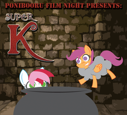 Size: 1000x900 | Tagged: safe, scootaloo, oc, oc:flicker, ponibooru film night, g4, kiara the brave, super k