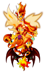 Size: 600x956 | Tagged: safe, artist:ii-art, sunset shimmer, pony, unicorn, equestria girls, g4, my little pony equestria girls: friendship games, my little pony equestria girls: rainbow rocks, my past is not today, cutie mark, daydream shimmer, eyes closed, looking at you, multeity, open mouth, self paradox, simple background, smiling, spread wings, sunset phoenix, sunset satan, this isn't even my final form, transparent background, wings