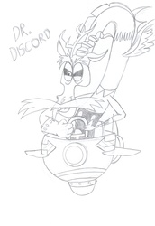 Size: 2368x3447 | Tagged: safe, artist:morteneng21, discord, g4, clothes, cosplay, costume, crossover, doctor eggman, eggmobile, high res, male, monochrome, sonic the hedgehog (series), traditional art